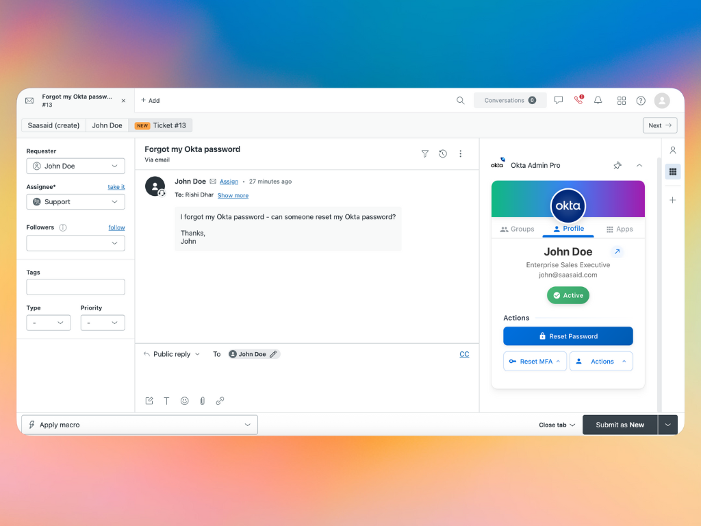Okta Admin Pro by SaaS Aid App Integration with Zendesk Support